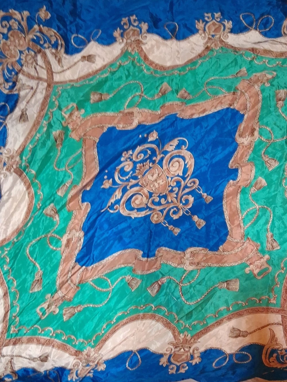 Oscar de la Renta Blue, Green and Cream Decorative Silk Scarf